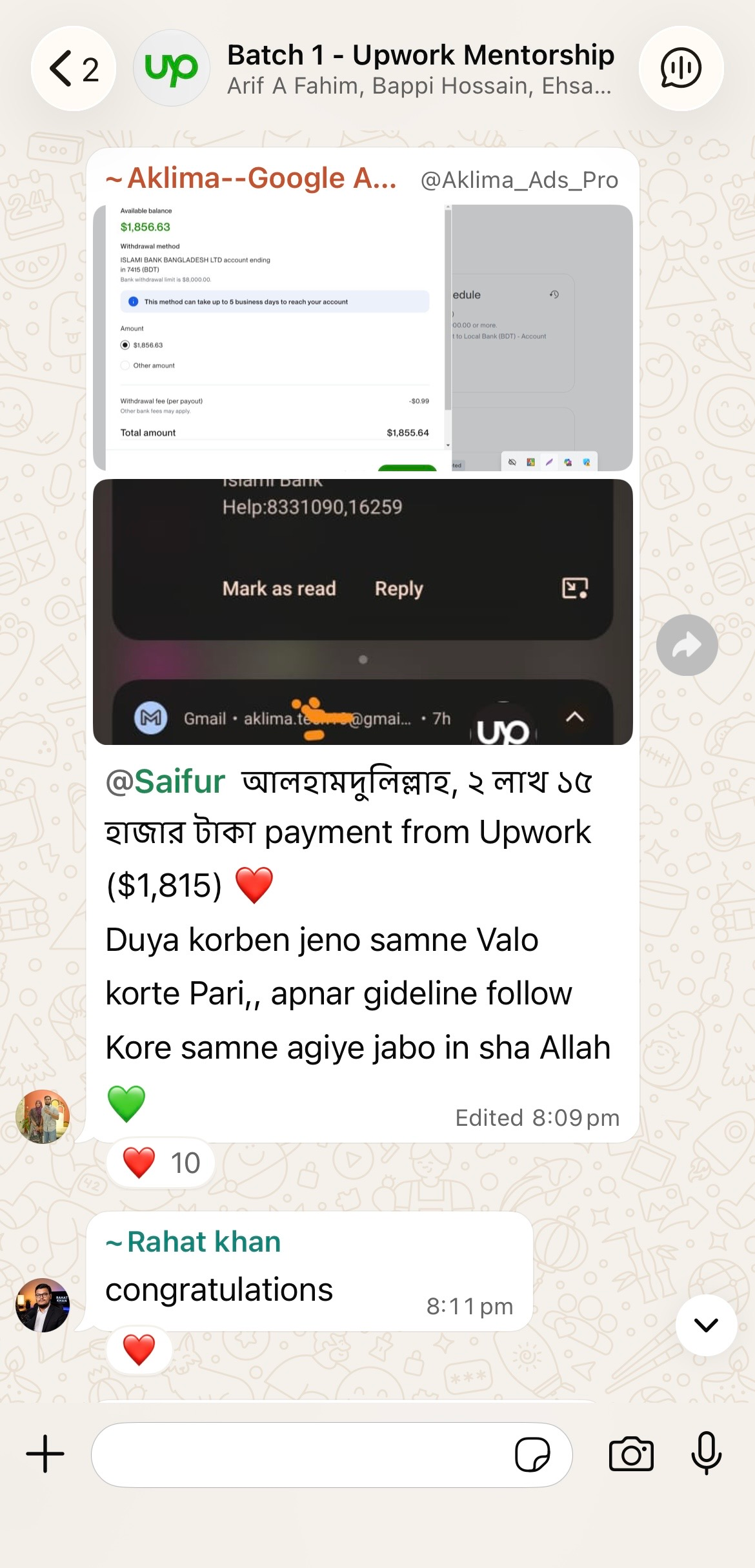 Mentorship group member celebrates a 2,15,000 taka Upwork payment